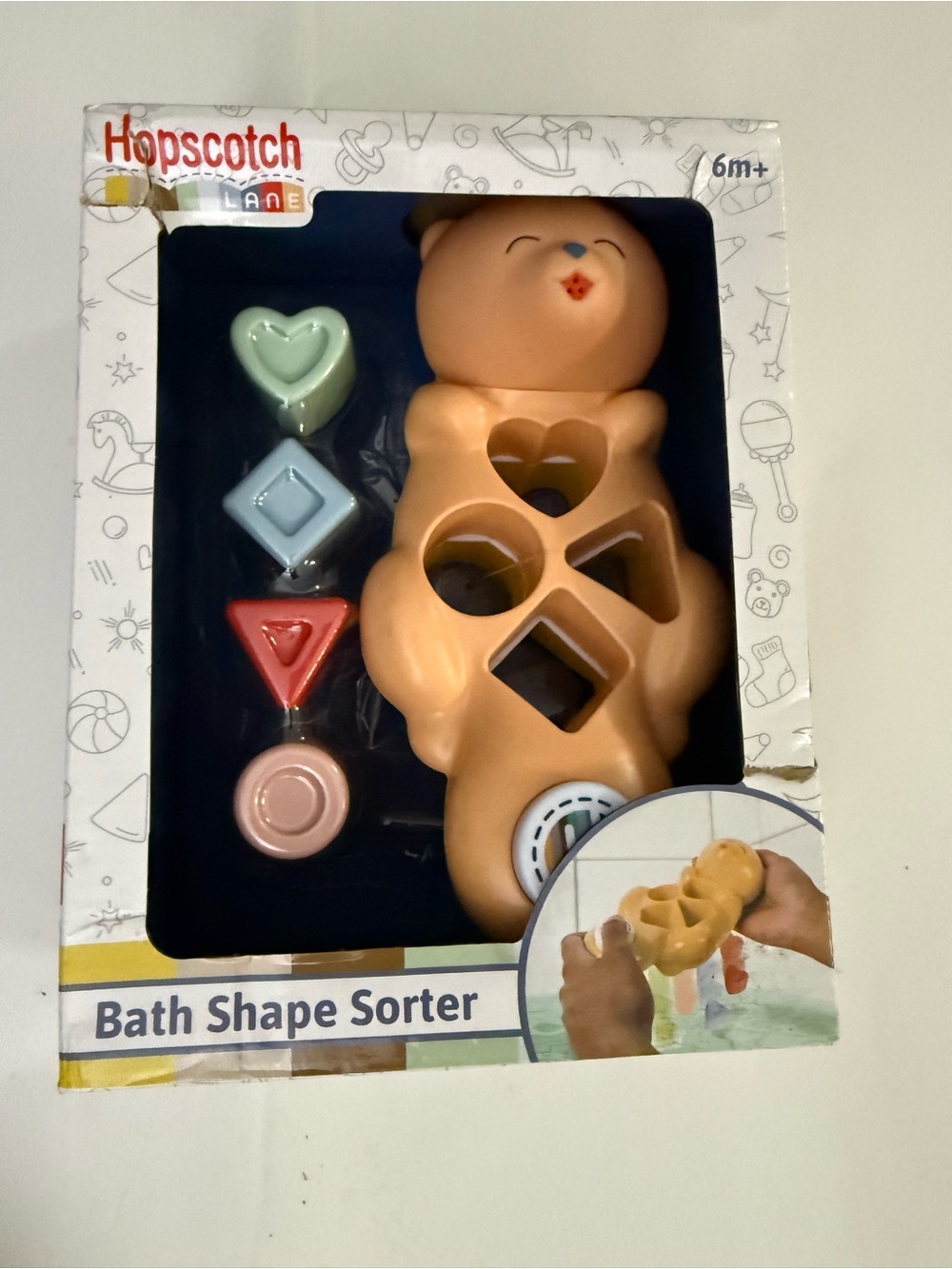 Kids Bath Shape Sorter Toy - Peach Bear with Pastel Shapes